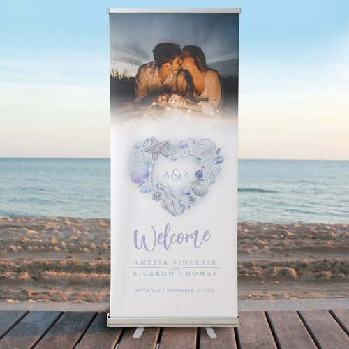 Shells heart watercolor blue wedding photo retractable banner