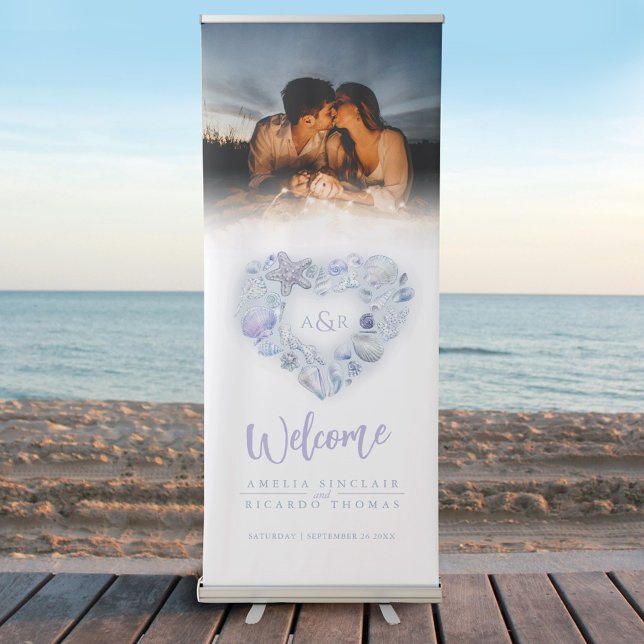 Shells heart watercolor blue wedding photo retractable banner (Creator Uploaded)