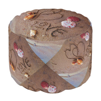 Shells, hearts & Love on beach Pouf