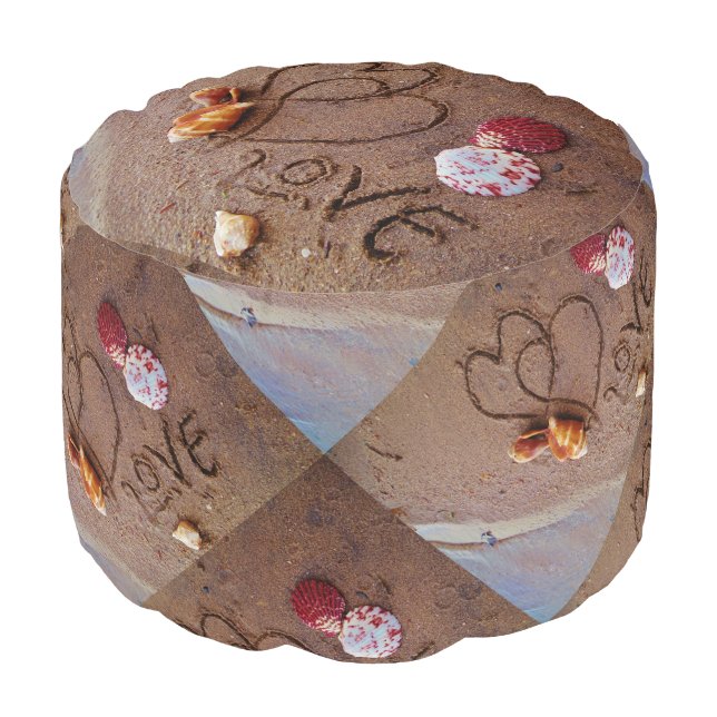 Shells, hearts & Love on beach Pouf (Angled Front)