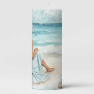 SHELLS ON A SANDY BEACH BY THE OCEAN PILLAR CANDLE