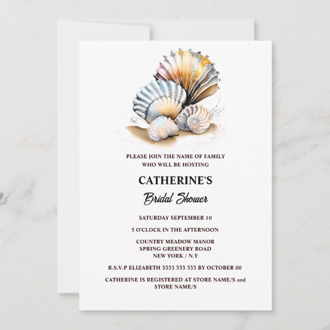 Shells on beach sand summer bridal shower invitation (Front)
