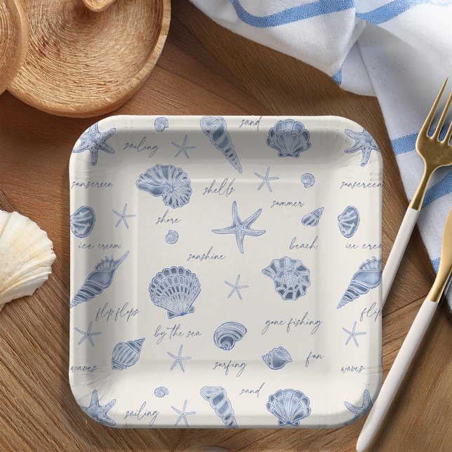 Shells Starfish Sun Fun Text Blue ID918  Paper Plates (Creator Uploaded)