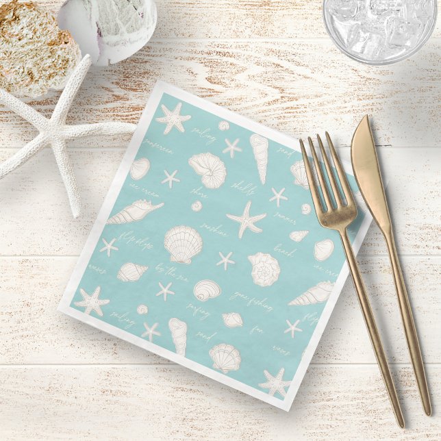 Shells Starfish Sun Fun Text Ivory ID918  Paper Dinner Napkins (Creator Uploaded)