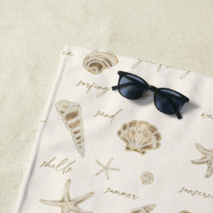 Shells Starfish Sun Fun Text Sandstone ID918 Beach Towel