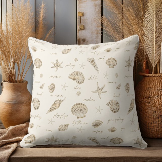 Shells Starfish Sun Fun Text Sandstone ID918  Throw Pillow (Creator Uploaded)