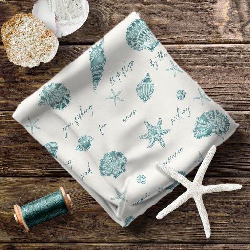 Shells Starfish Sun Fun Text Teal ID918  Fabric