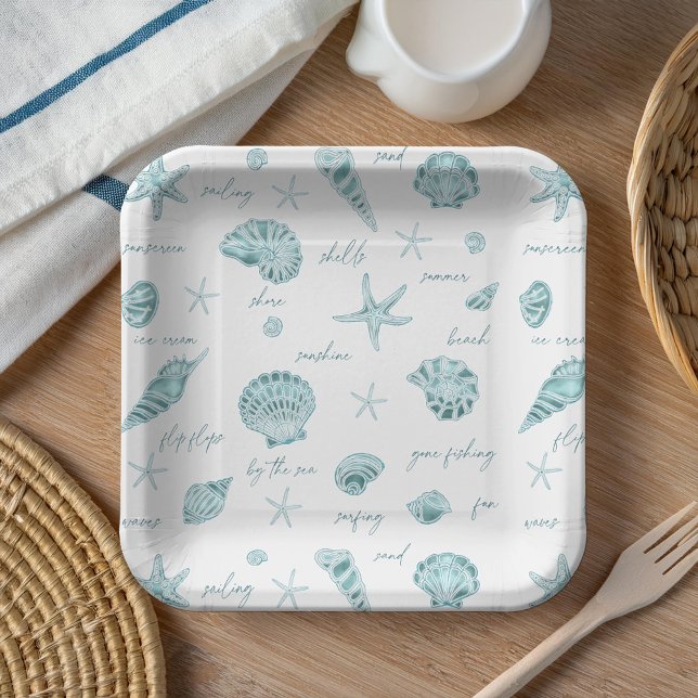 Shells Starfish Sun Fun Text Teal ID918  Paper Plates (Creator Uploaded)