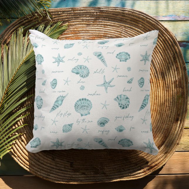 Shells Starfish Sun Fun Text Teal ID918  Throw Pillow (Creator Uploaded)