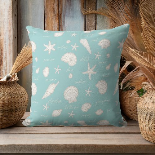 Shells Starfish Sun Fun Text White Ivory ID918  Throw Pillow