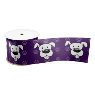 Shelter Dog cartoon pit bull purple pawprints wide Satin Ribbon