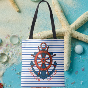 Shelter Island, NY Ship's Wheel and Anchor Striped Tote Bag