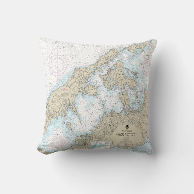 Shelter Island Sound and Peconic Bays Chart Throw Pillow (Front)