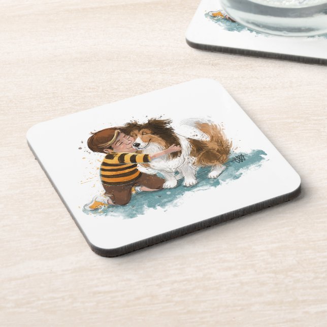 Sheltie and Boy Dog Hug Beverage Coaster (Left Side)