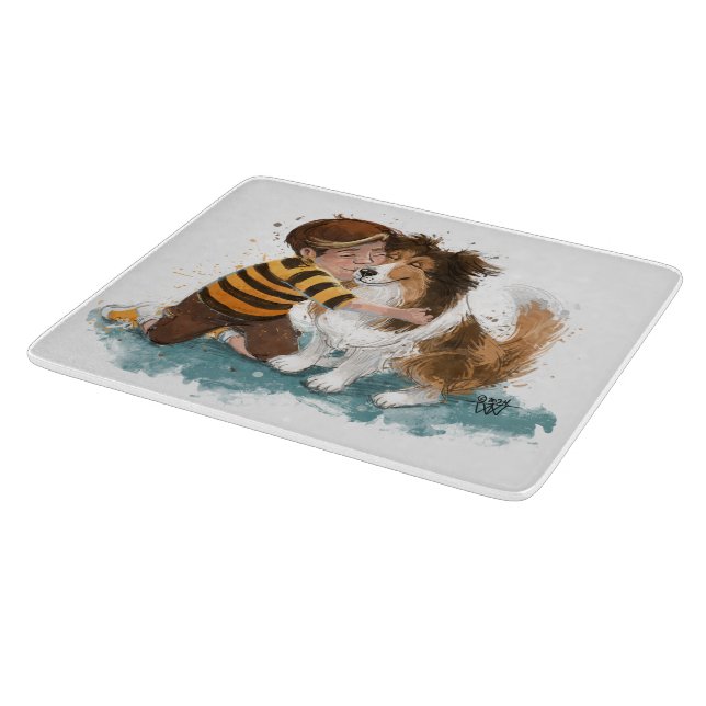 Sheltie and Boy Dog Hug Cutting Board (Corner)