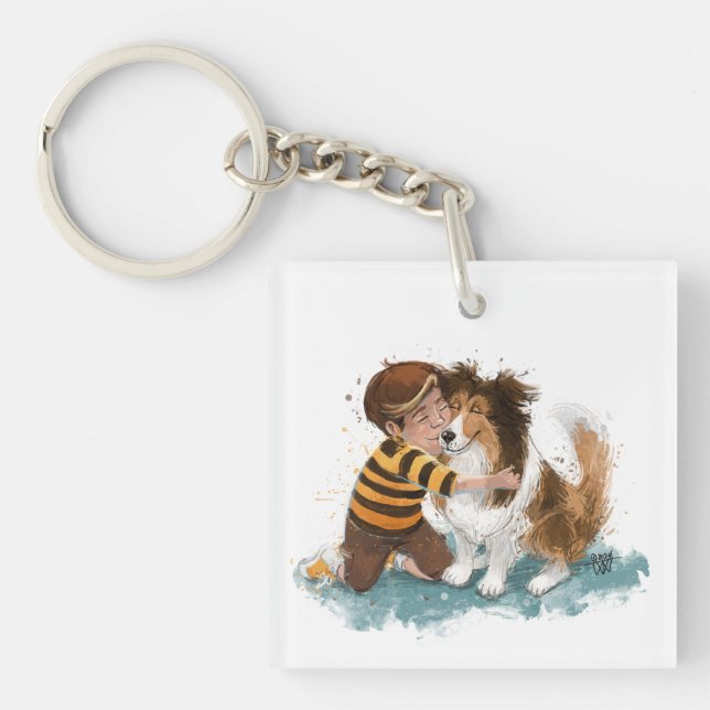 Sheltie and Boy Dog Hug Keychain (Front)