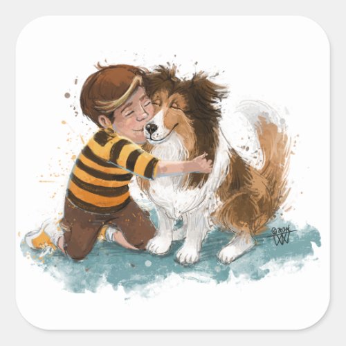 Sheltie and Boy Dog Hug Square Sticker