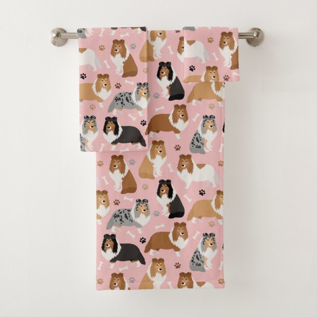 Sheltie Bones and Paws Bath Towel Set (Insitu)