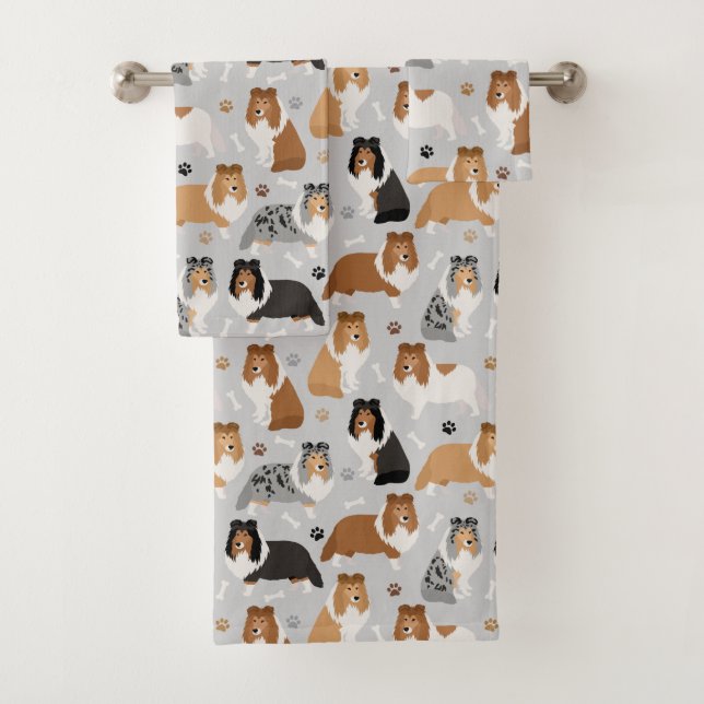 Sheltie Bones and Paws Bath Towel Set (Insitu)