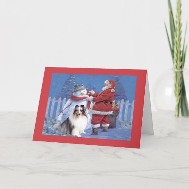 Sheltie Christmas Card Santa and Snowman (Front)