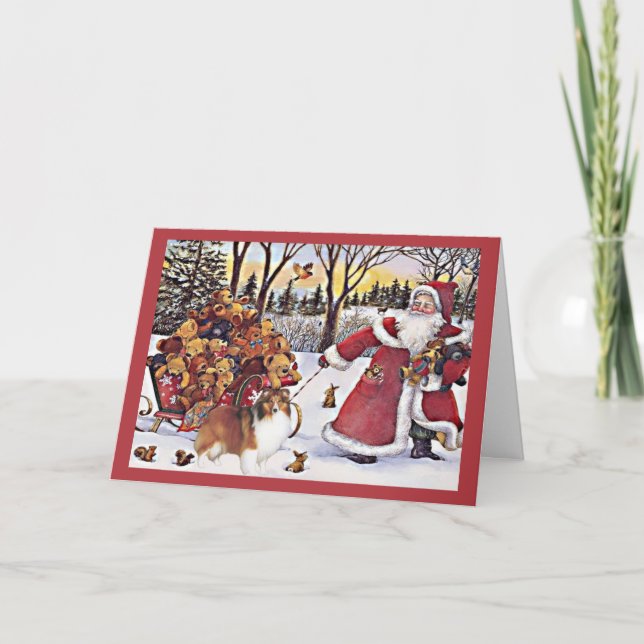 Sheltie Christmas Card Santa Bears In Sleigh (Front)