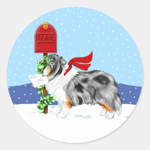 Sheltie Christmas Mail Blue Merle Classic Round Sticker