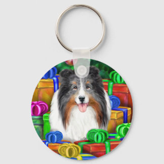 Sheltie Christmas Open Gifts Blue Merle Keychain