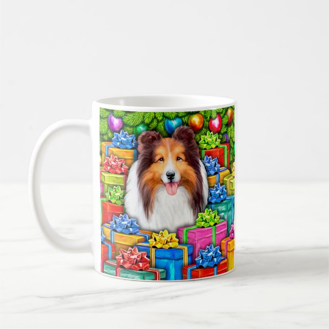 Sheltie Christmas Open Gifts Coffee Mug (Left)