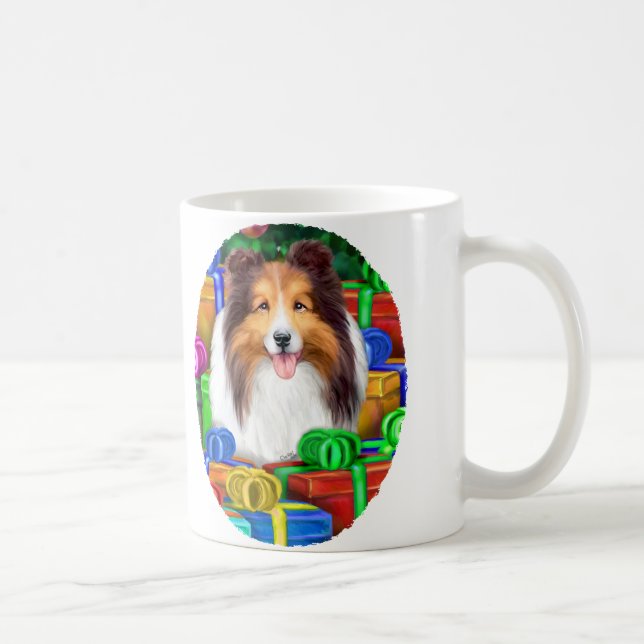 Sheltie Christmas Open Gifts Sable Coffee Mug (Right)