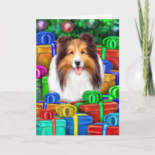 Sheltie Christmas Open Gifts Sable Holiday Card (Front)