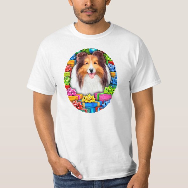 Sheltie Christmas Open Gifts Sable T-Shirt (Front)