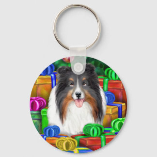 Sheltie Christmas Open Gifts Tri Color Keychain