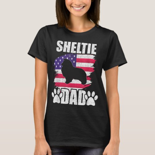 Sheltie Dad Dog Lover American US Flag T_Shirt