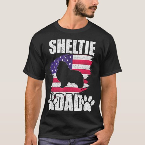 Sheltie Dad Dog Lover American US Flag T_Shirt