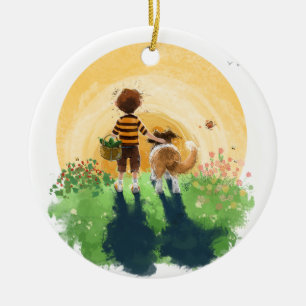 Sheltie Dog and Boy Walk into Sunset Ceramic Ornament