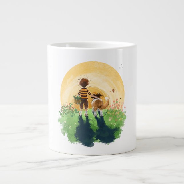 Sheltie Dog and Boy Walk into Sunset Giant Coffee Mug (Front)