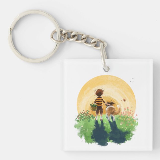 Sheltie Dog and Boy Walk into Sunset Keychain (Front)