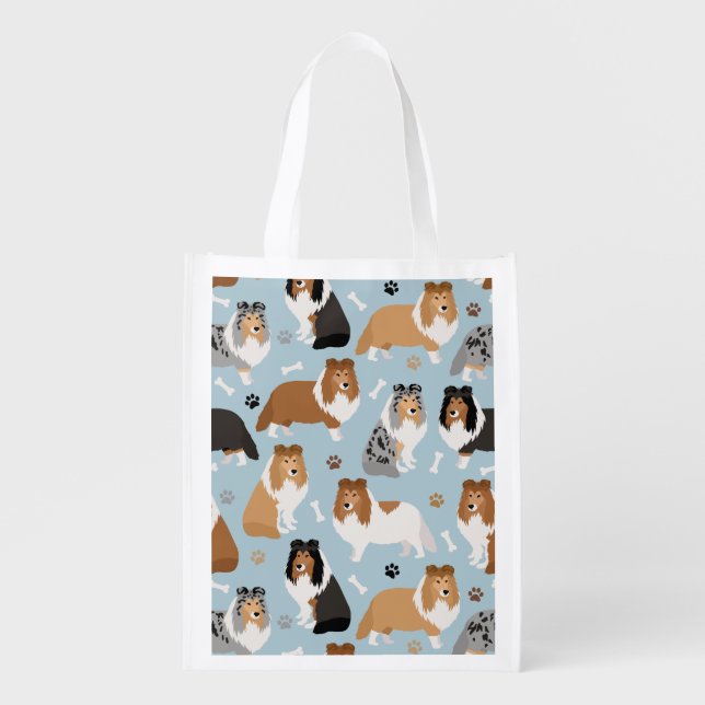 Sheltie Dog Bones and Paws Grocery Bag (Front)