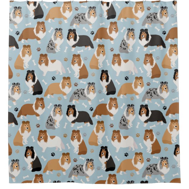 Sheltie Dog Bones and Paws Shower Curtain (Front)