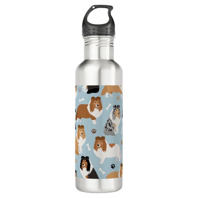 Sheltie Dog Bones and Paws Stainless Steel Water Bottle (Front)