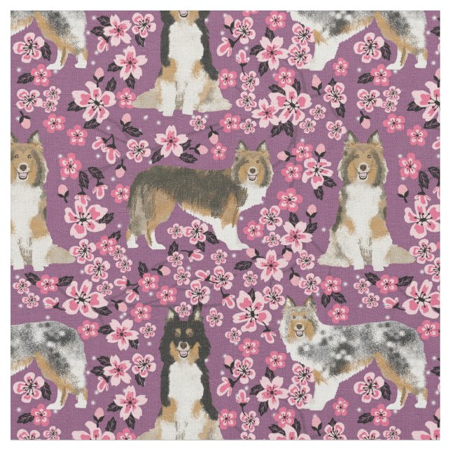 sheltie dog cherry blossoms purple fabric (Close Up)