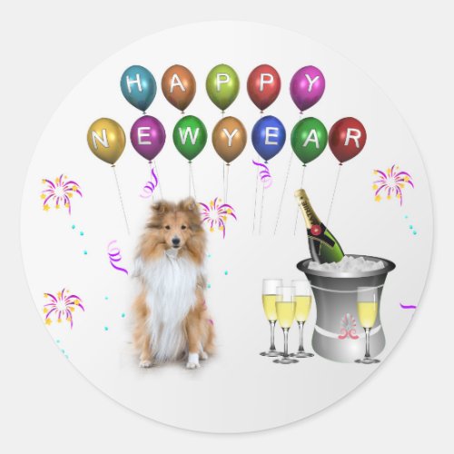 Sheltie Dog Happy New Year Classic Round Sticker