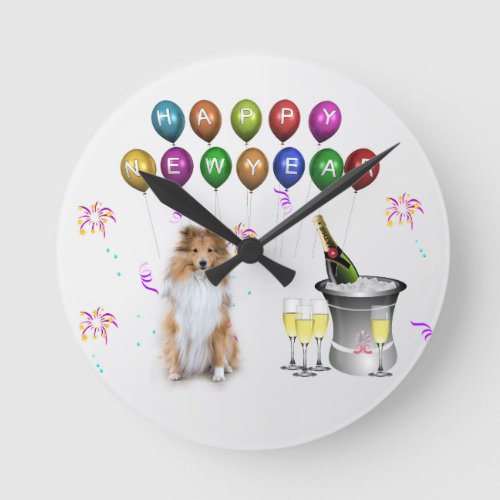 Sheltie Dog Happy New Year Round Clock
