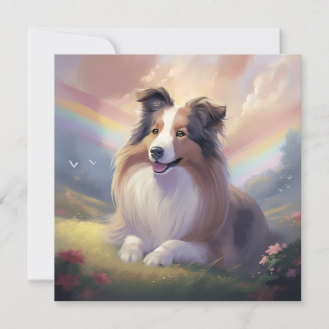 Sheltie Dog Memorial Rainbow Bridge Personalized Holiday Card (Front)