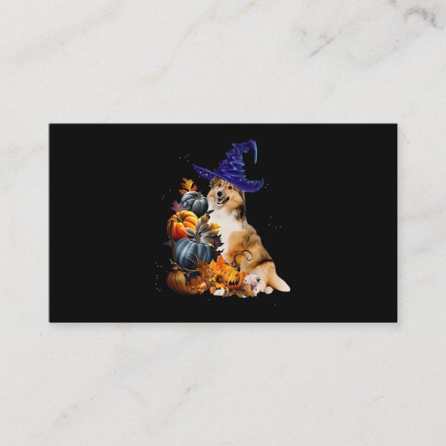 Sheltie Dog Witch And Pumpkins Halloween Thanksgiv Business Card (Front)