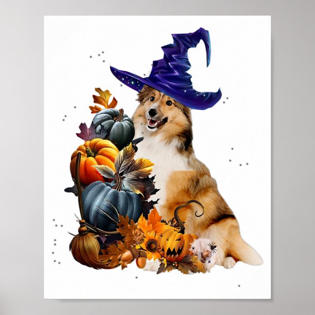Sheltie Dog Witch And Pumpkins Halloween Thanksgiv Poster (Front)