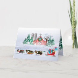 Sheltie Dogs Brown, Black and Grey, Pulling Sleigh Holiday Card