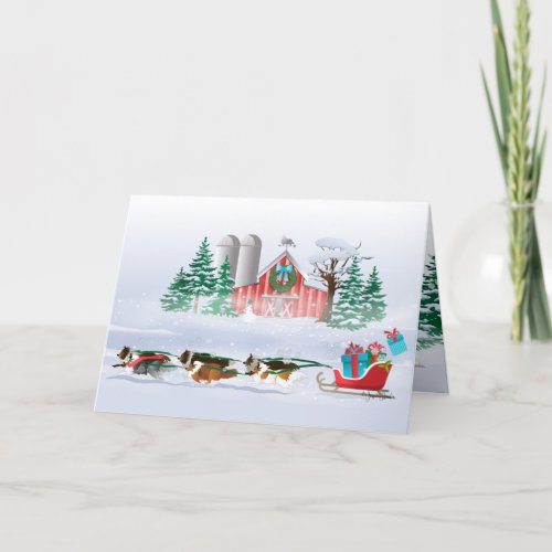 Sheltie Dogs Pulling Red Sleigh Holiday Card