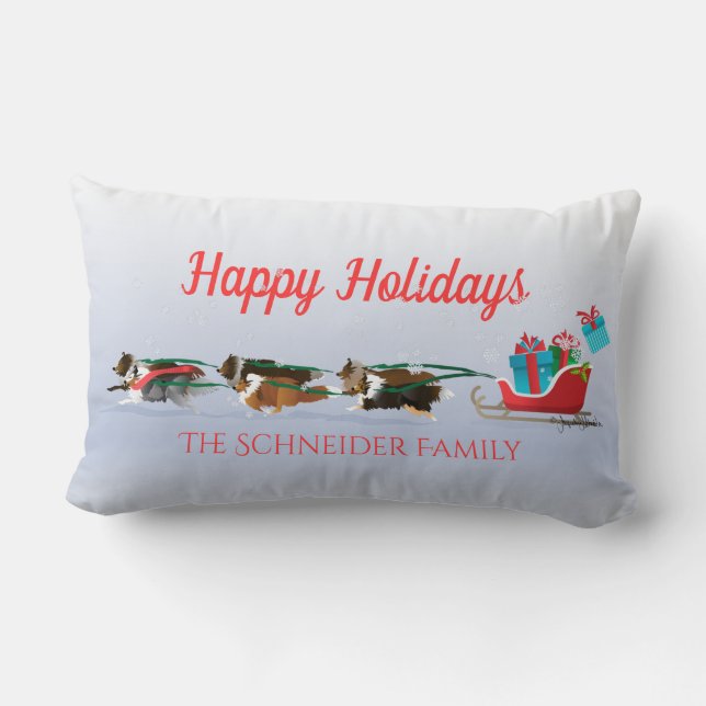 Sheltie Dogs Pulling Sleigh, Snowing Holiday Lumbar Pillow (Back)