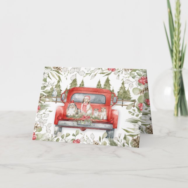 Sheltie Family in Red Truck Christmas Card (Front)
